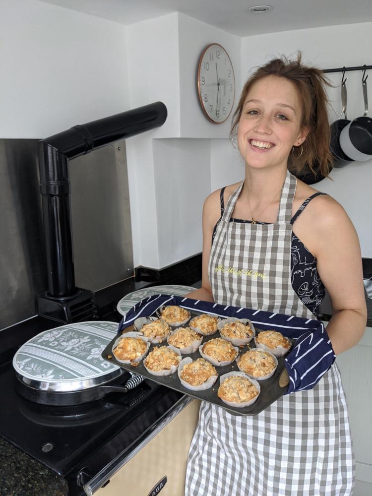 Freshly baked muffins, perfectly domed with a lovely golden crumble.