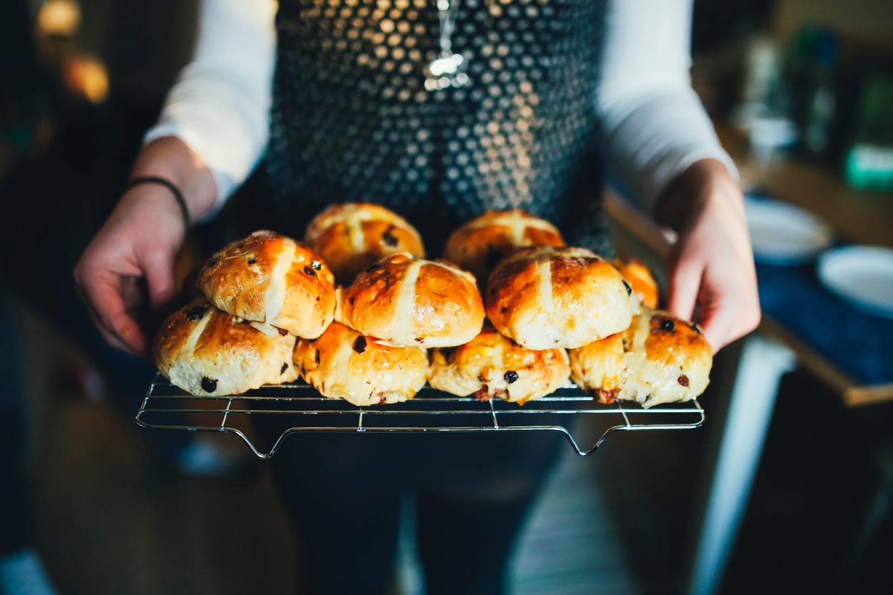 Shiney glazed buns speckled with fruit