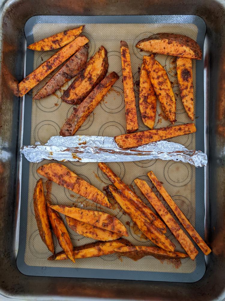 Roasted sweet potato wedges.